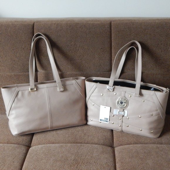 NWT LOVE MOSCHINO Pebbled Leather Top Zipper LARGE Satchel Shoulder Bag in Taupe - Picture 3 of 9